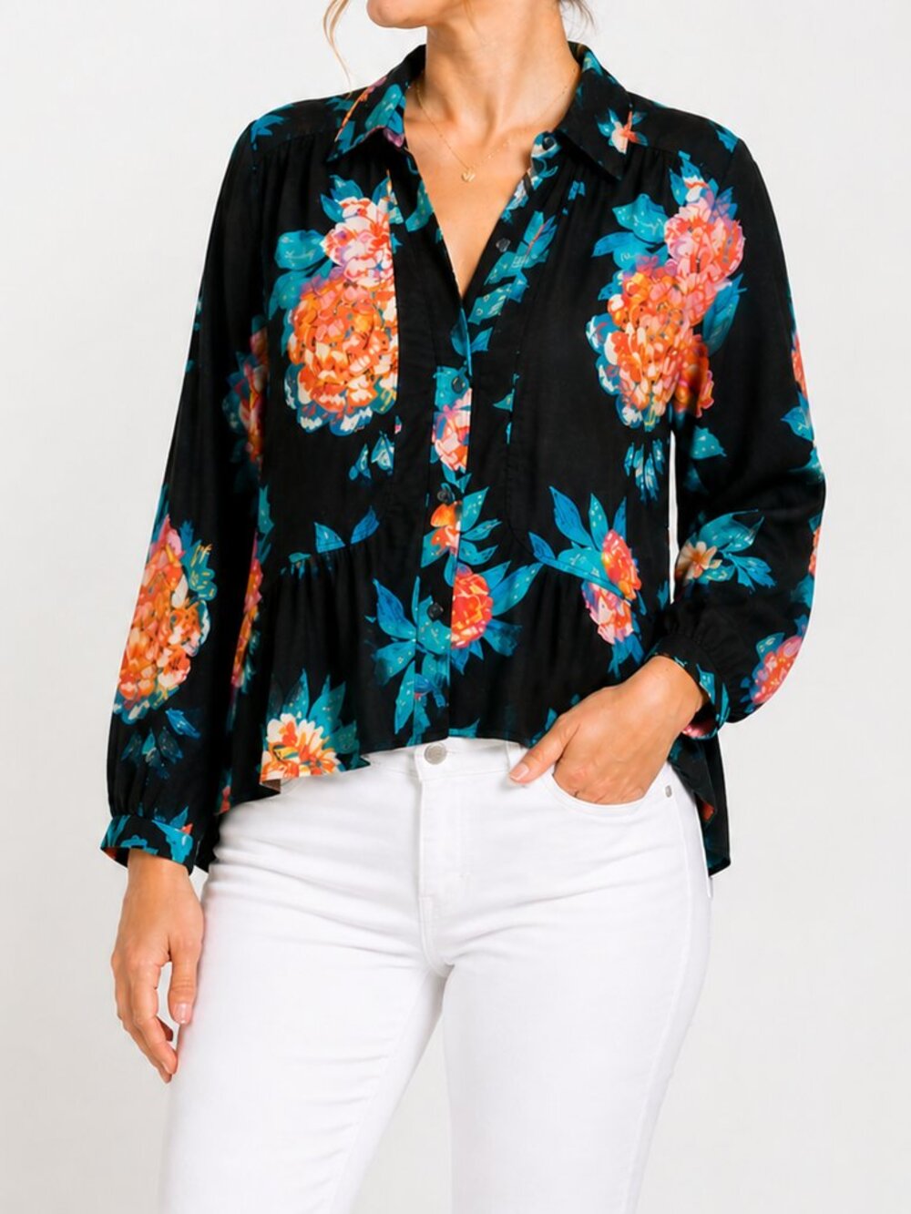 Maeve Anthropologie Floral Blouse Sz 6 Black Multicolor Boho Button Front Top